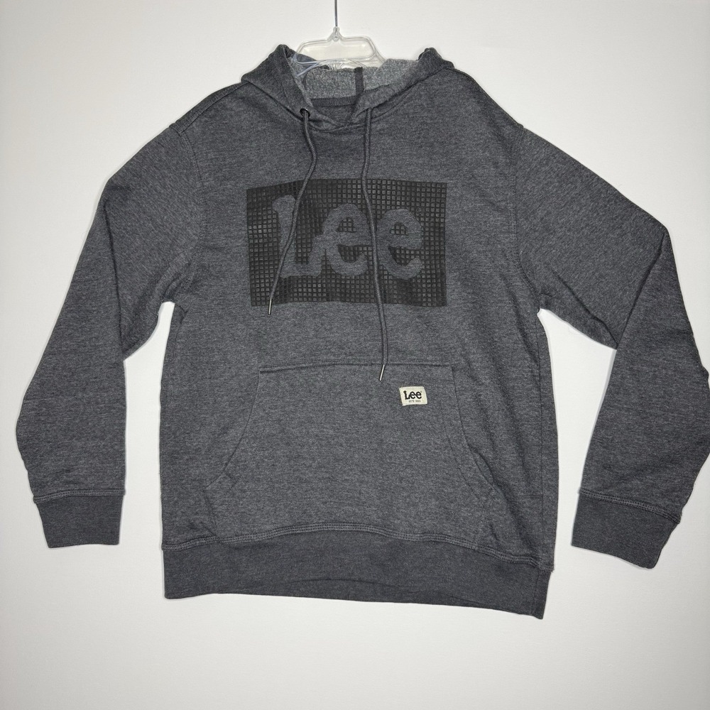 Lee Brand Sweatshirt Hoodie Gray Black Logo Long Sleeve Pullover Size Medium